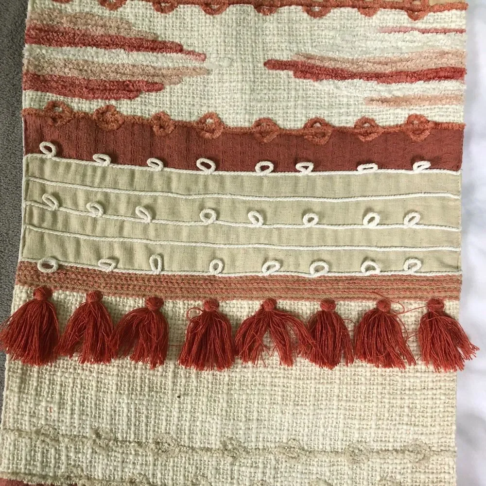 Pier 1 Imports Table Runner BOHO White Tan Rust Ball Fringe 72 x 13 in India